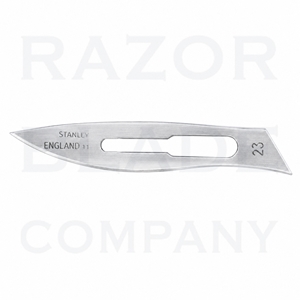 No. 23 stainless steel contour blade with curved cutting edge, elongated mounting slot, and Stanley England markings