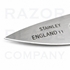 Close-up of the No. 23 contour blade’s pointed tip and curved cutting edge with Stanley England markings